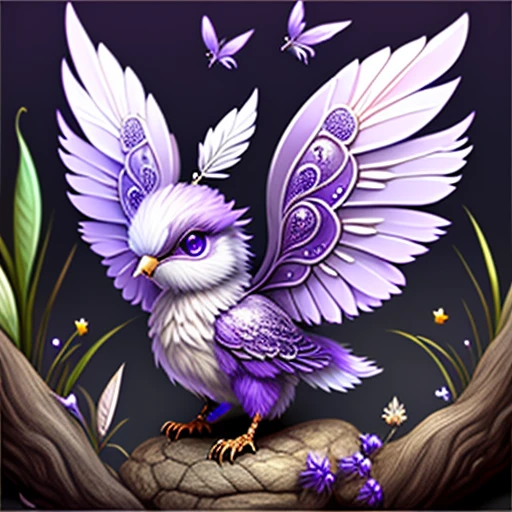 (1Fantasy creature), background many extreme details of magic, happy, playful, purples, silver, fluffy, cute, (((tiny wings))), feathers, adorable