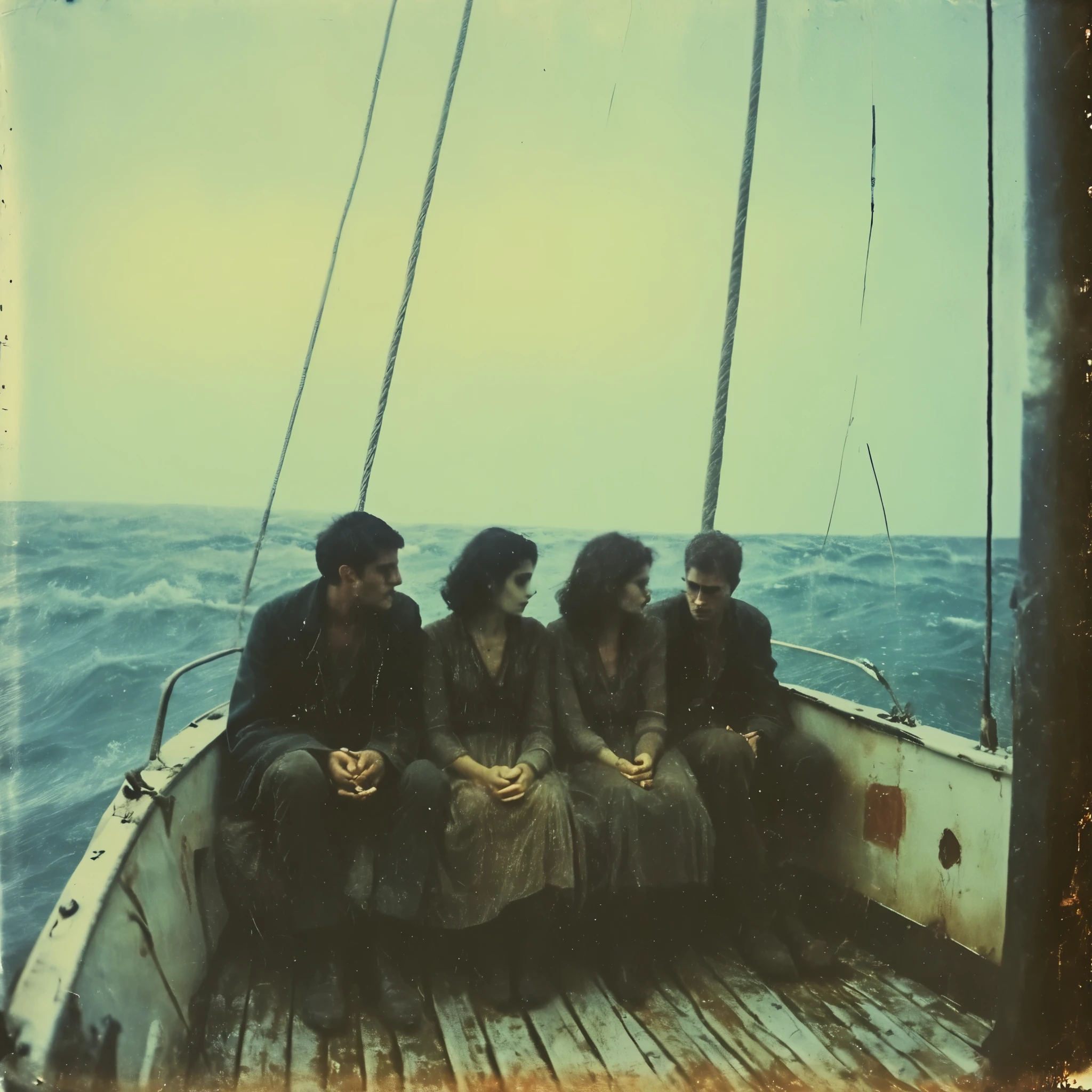 side-view, perspectivegrainy, polaroid, 35mm vintage, scary, horror-movie, 4 young adults sleeping on a sail-boat in the Atlantic ocean, hellraiser, nightmare creature