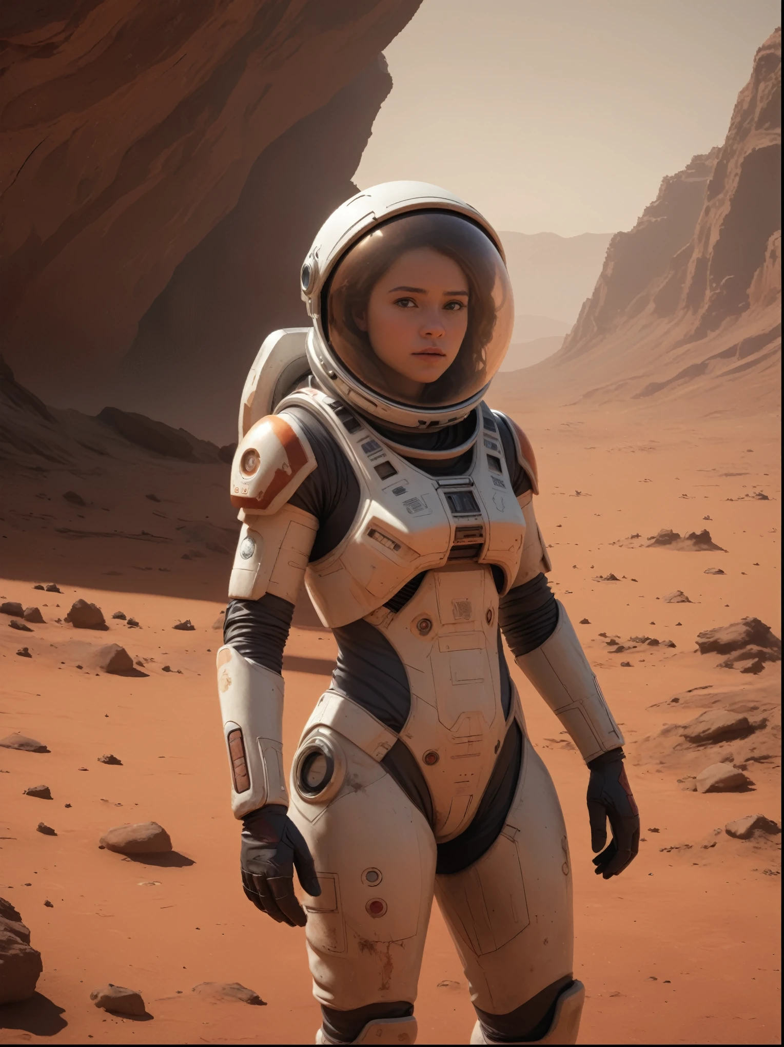 girl exploring a mysterious landscape on Mars, wearing a futuristic spacesuit with glowing LED lights, surrounded by red dust particles. The scene is depicted in a highly detailed digital painting (best quality, ultra-detailed, 4k resolution) with a realistic and photorealistic style (photo-realistic:1.37). The color palette is dominated by shades of red and orange, reflecting the Martian environment. The lighting is set to simulate the warm glow of the sun on Mars, casting long shadows on the rocky terrain. The girl's eyes are vivid and expressive, showcasing her curiosity and determination. She is holding a high-tech device in her hand, scanning the surroundings for any signs of life. As she explores, she discovers remnants of an ancient Martian civilization, with crumbling structures and hieroglyphic symbols carved into the rocks.
