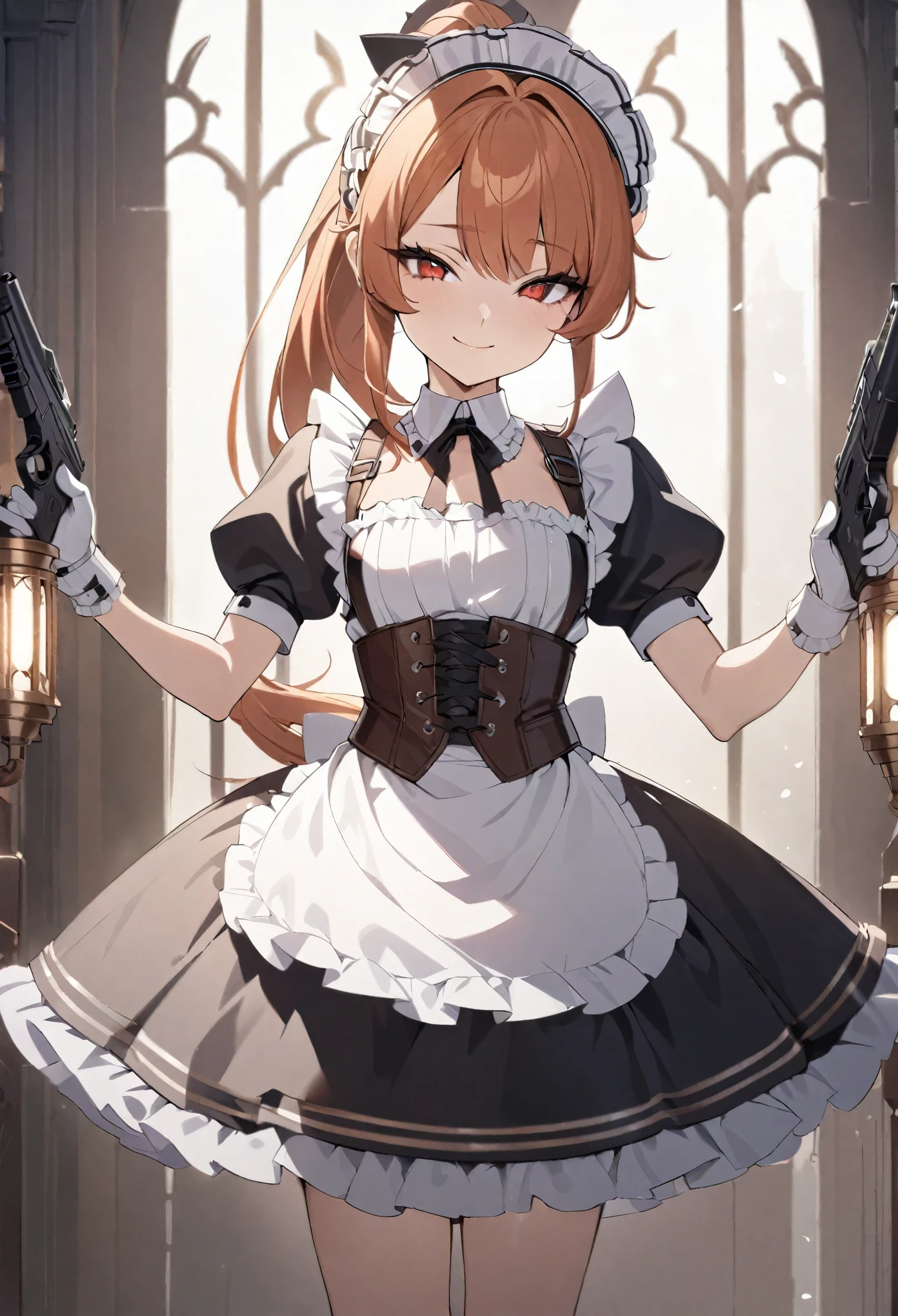 (best quality,4k,8k,highres,masterpiece:1.2),ultra-detailed, (1girl) A cute teenage bodyguard maid with red eyes, drawn in anime style,protective and caring, spiky ginger hair in a long ponytail, victorian fashion, wearing a cute black maid dress with puffy sleeves, corset, tactical gear, light armour, petticoat, bloomers, a frilly headband, a frilly white apron, high-heel boots, ribbons, pistol straps, steampunk style, girlish smile, feminine and elegant posture, waiting in a castle hallway, extremely detailed eyes and face,long eyelashes,volumetric lighting,cinematic lighting,protective posture,dramatic close up,highly detailed texture,intricate details.