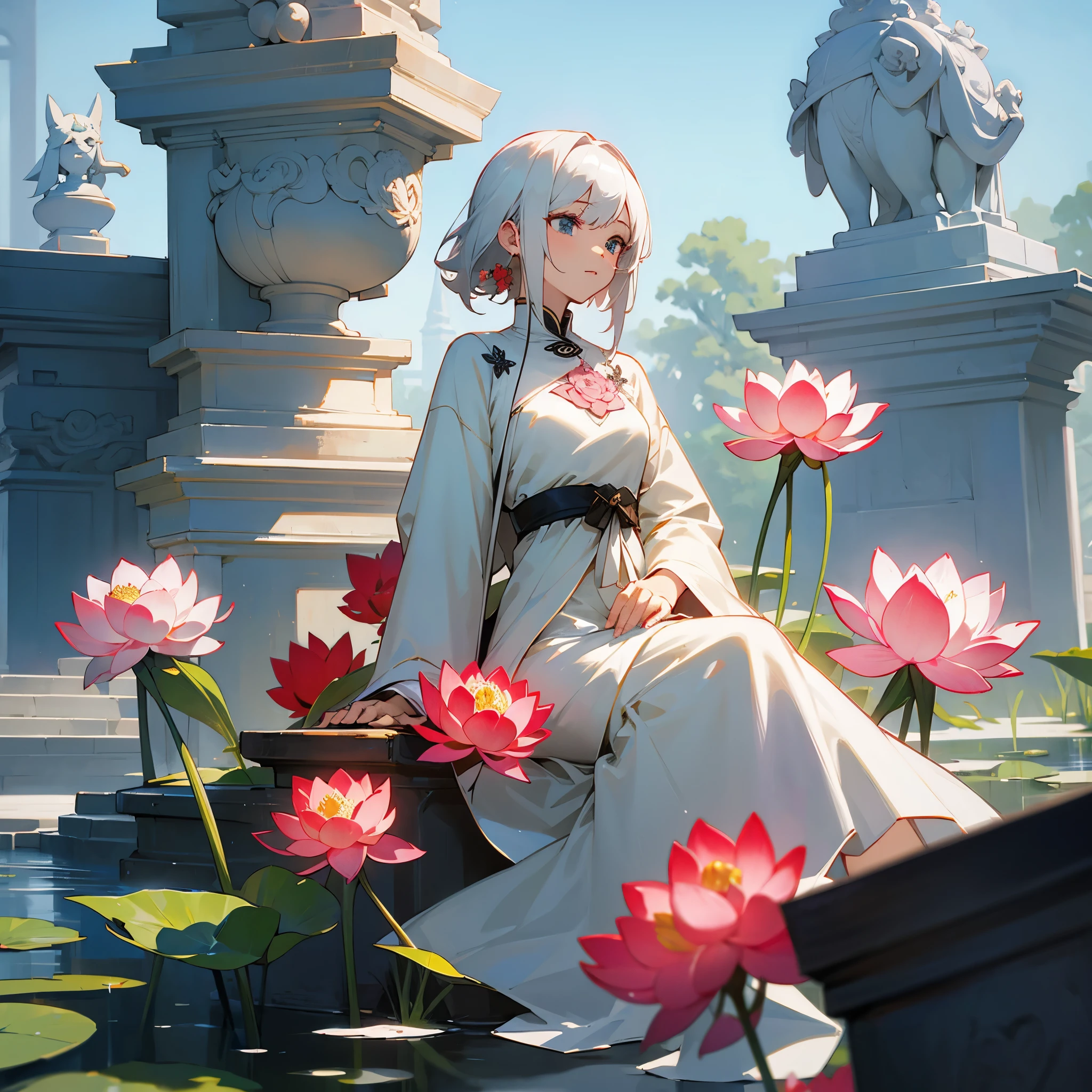 Red lotus flower、noon、White Haired Girl、Stone statue