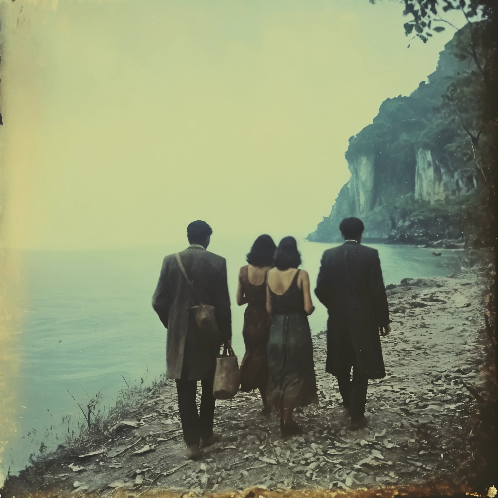 side-view, perspectivegrainy, polaroid, 35mm vintage, scary, horror-movie, 4 young adults disembarking boat on mysterious island, skull-island, hyperborea, mystery island