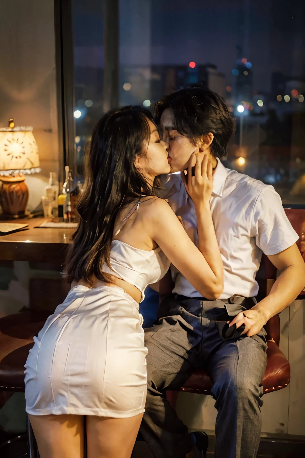 one girl, pretty lady MoonLay, wearing min bodycon dress and heel, kissing with a man, wearing casual dress, while sitting on barstool cushion, 