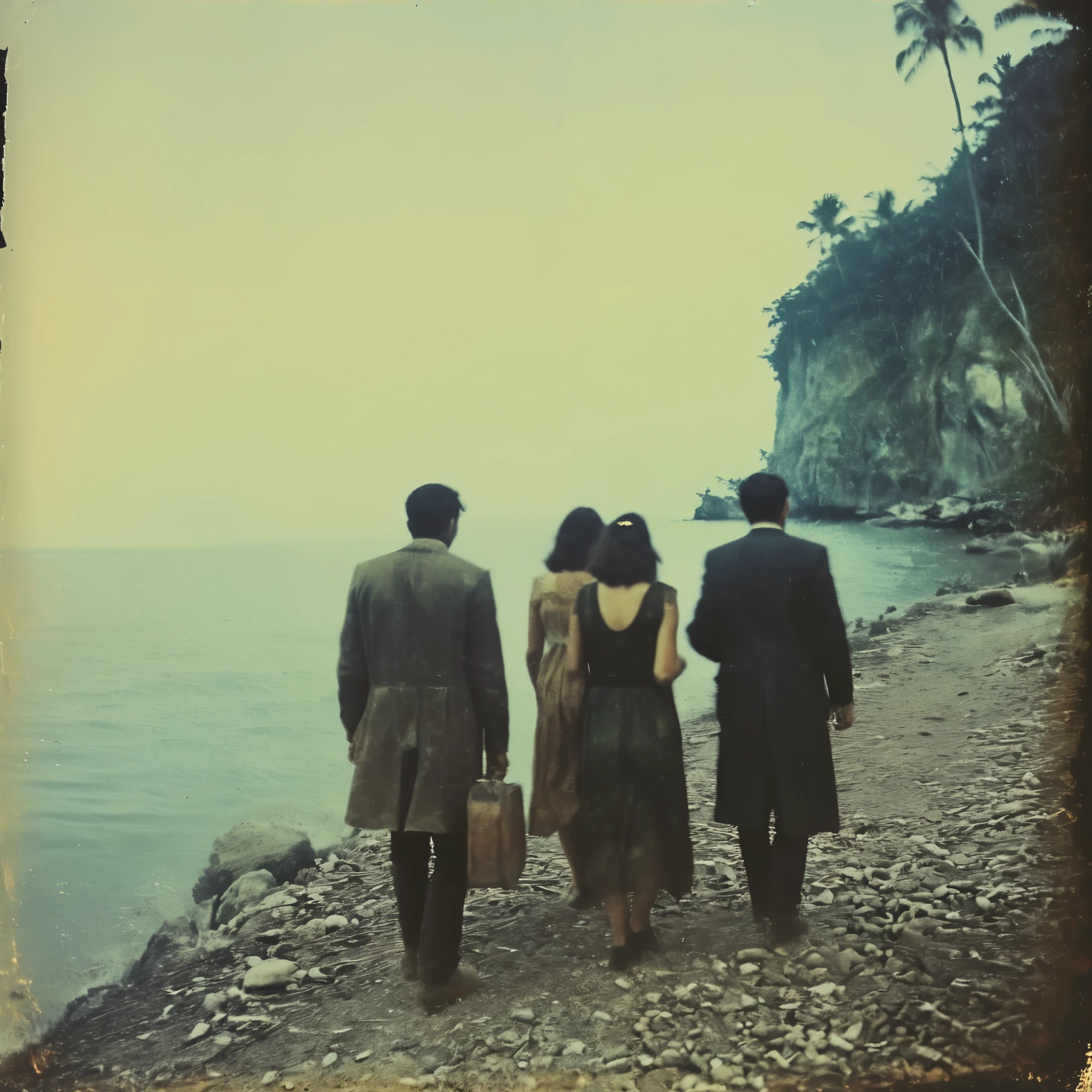 side-view, perspectivegrainy, polaroid, 35mm vintage, scary, horror-movie, 4 young adults disembarking boat on mysterious island, skull-island, hyperborea, mystery island
