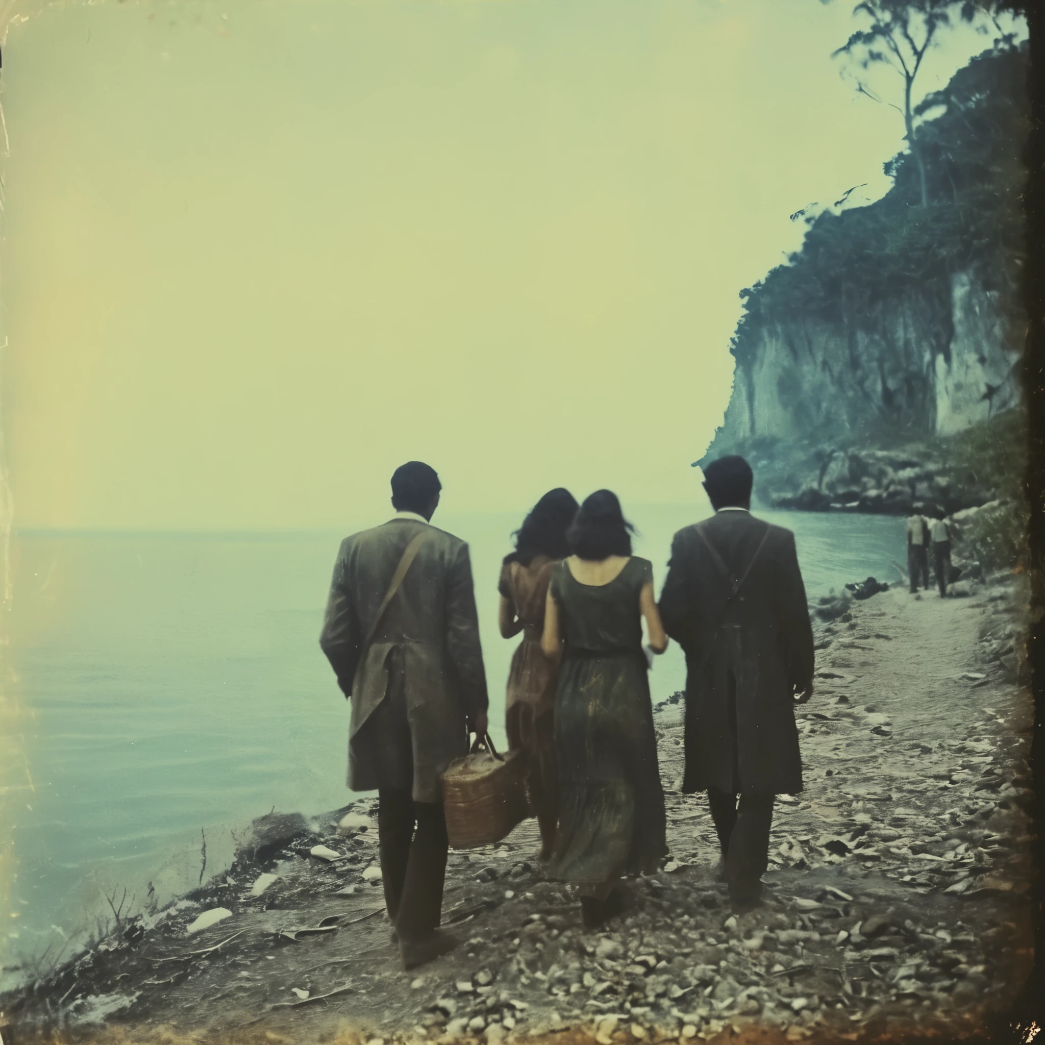 side-view, perspectivegrainy, polaroid, 35mm vintage, scary, horror-movie, 4 young adults disembarking boat on mysterious island, skull-island, hyperborea, mystery island