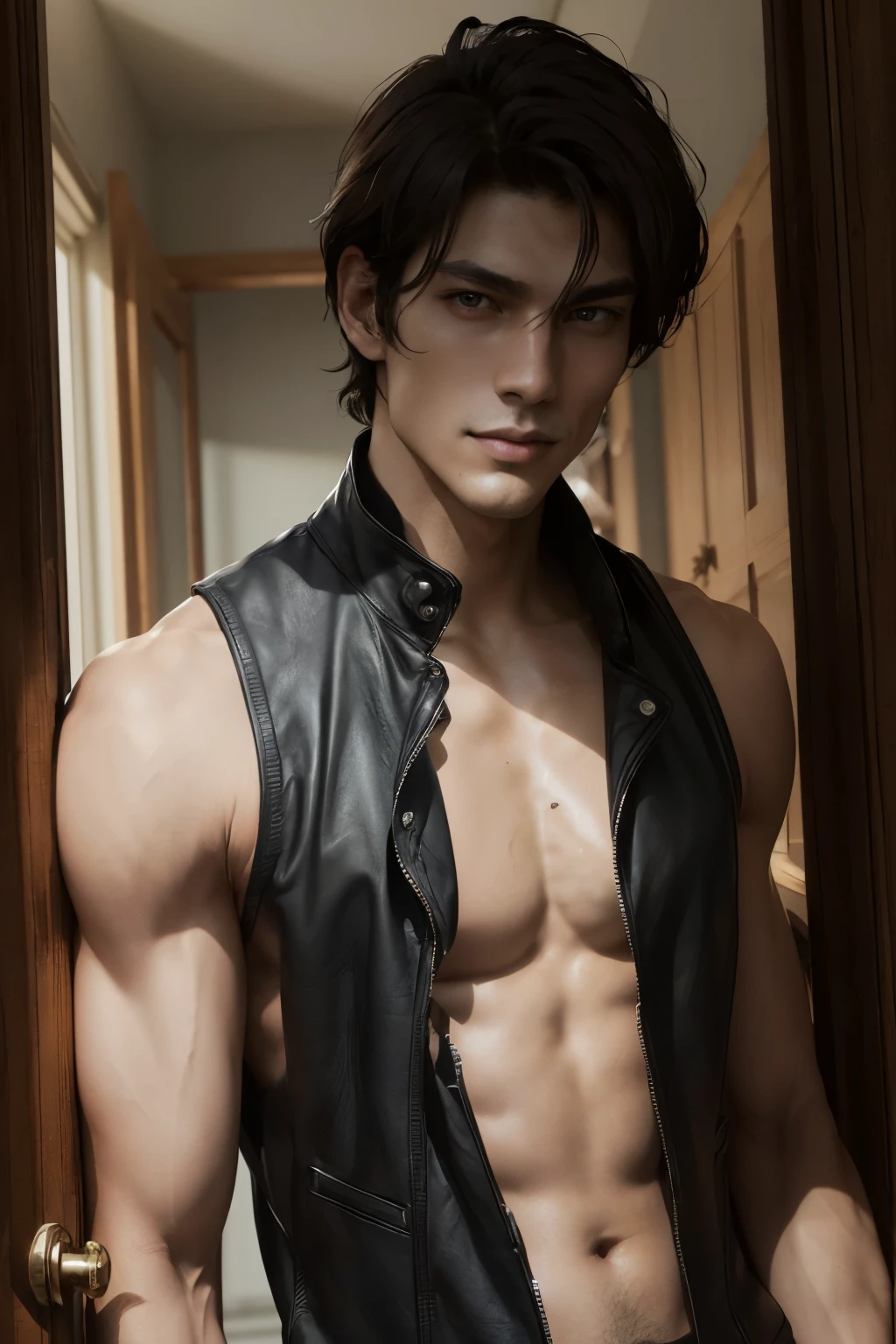 A captivating portrait of a young, handsome man, standing at the age of 21. He is adorned in a sleek black leather vest, the gleam highlighting the muscular definition of his toned torso and well-defined biceps. His chestnut-brown hair is styled in a trendy manner, framing his strong, chiseled jaw. The focus is centered on his face, with a charming and self-assured smile gracing his lips. The cinematic light wraps around him, casting a soft glow on his smoldering green eyes, accentuating their allure. The backdrop is simple, a medium shot capturing only him, bathed in