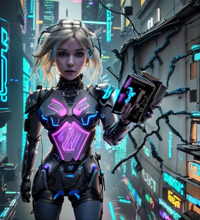 (Photorealistic:1.4) 1 beautiful girl, (((cyberpunk grey armour technological with blue neon decourations))), ((blonde straight hairs)), ultra beautiful cute, perfect, with a book that emits purple lightnings, 12k, UHD, PHOTOREALISTIC, ULTRA REALISTIC, raw photo, insane details, masterpiece, ((babe gorgeous the most beautiful in the world))