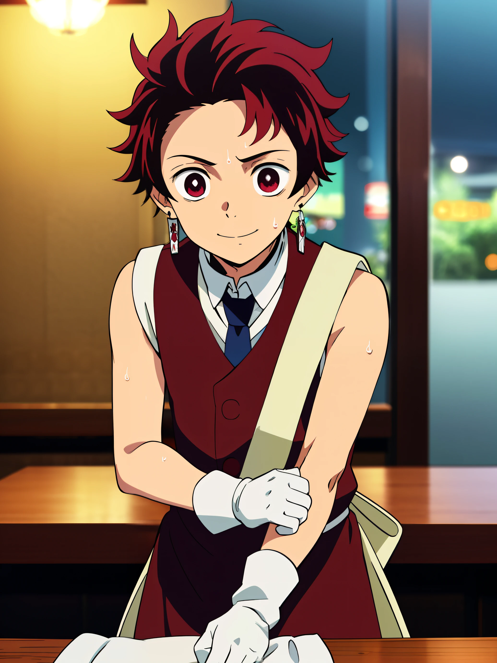 Highres, Masterpiece, Best quality at best,Best Quality,hight quality, hight detailed, Anime style, 1boy, Boy, Shota, Solo person, Tanjiro_kamado, Demon slayer, Earring, Red hair, messy hair, Sleeveless vest, Tie, Gloves, Choker, Restaurant, Waiter, night day, Slim body, Smile greets customers, sweat, Body, Blurry beckground, Seen from the front, (very young boy), (very small and short body)