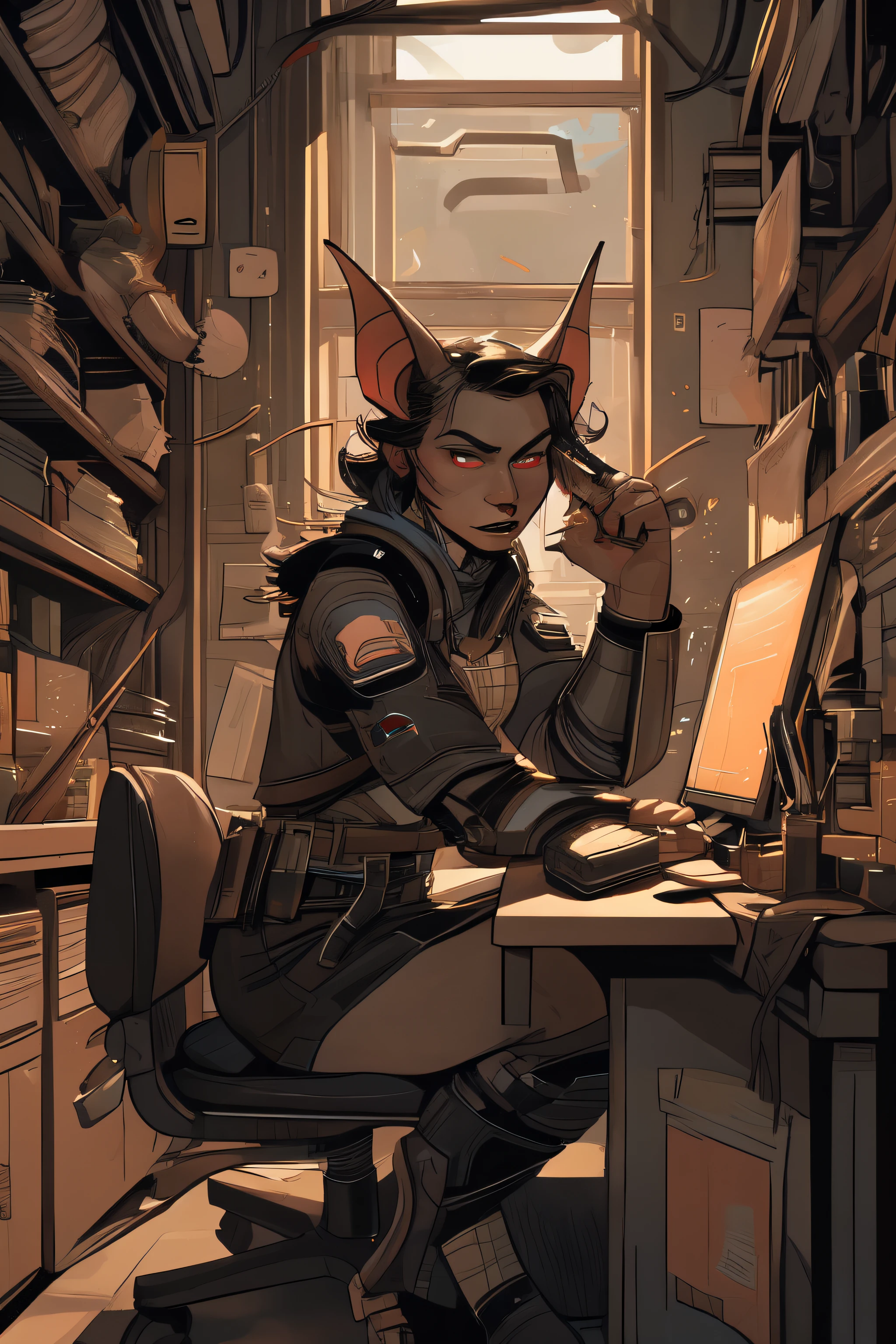 (humanoid alien), ((anthropomorph bat)), androgynous, black high tech armor, red colored eyes with no iris, dark gray skin, serious expression, looking at viewer, sitting in a commander chair, high tech spaceship command bridge background, dark evil environment, (art by Incase), incase, western artstyle, (soft rendering style with visable brush strokes:1.3),  (skin texture:0.9), (painterly style:1.2), (thick lineart), (muted colors:1.3), intricate details, (masterpiece:1.3), (best quality:1.3), (perfect anatomy:1.4)