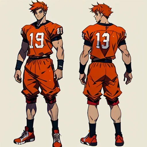 ((manga style,concept art)),Adolescent With orange hair , wearing American Football , Red Shoes , whiter Shorts