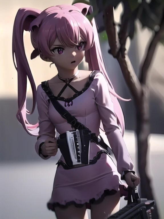1 girl, agkmine, mine, pelo largo, twin tails, cabello rosado, (Ojos rosados:1.3),
ROMPER dress, Pantys, vestido rosa, SNIPER,
NO ANIMALS, ROMPER outdoors,
ROMPER looking at viewer, (tiro de vaquero:1.5),
ROMPER (obra maestra:1.2), mejor calidad, high resolution, fondo de pantalla