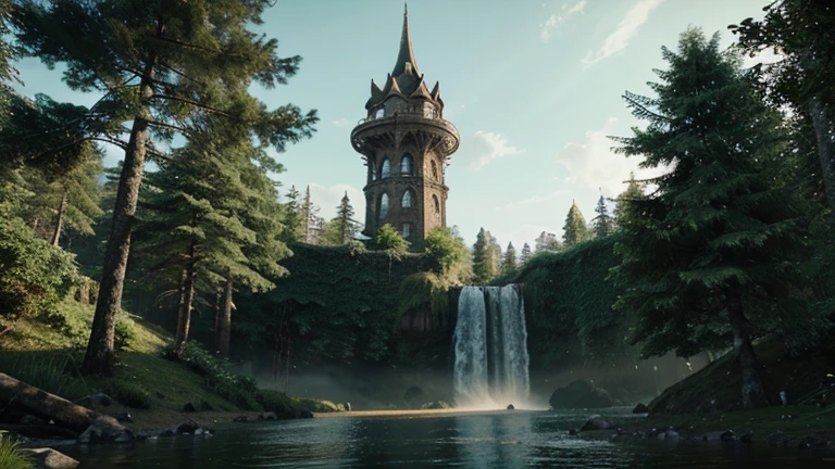 /image prompt a big tower without any steps in the forest which the tower behind were a small waterfall 3D imagination , personality