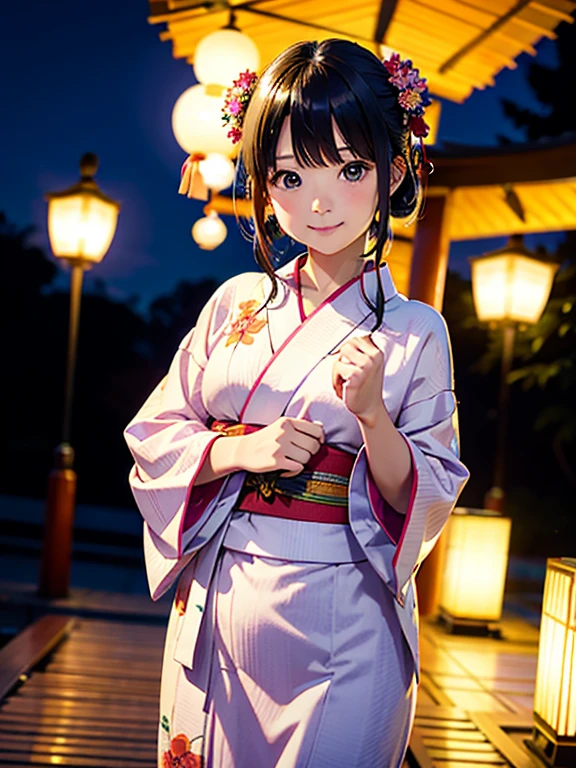 High resolution, highest quality,Hakata yukata、The yukata was cut in half、Smiling girl、Embarrassing、Deserted park at night、