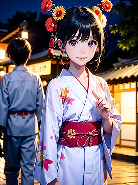High resolution, highest quality,Hakata yukata、The yukata was cut in half、Smiling girl、Embarrassing、Deserted park at night、