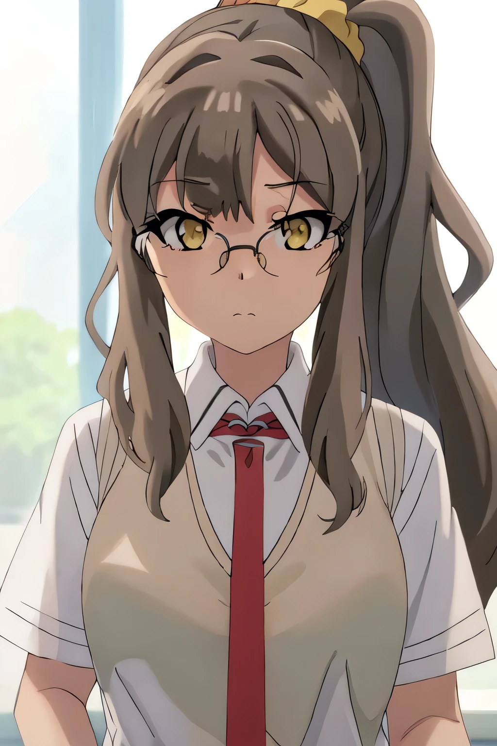 best quality, masterpiece, highres, solo, {futaba_rio_seishunbutayarou:1.15}, long_hair, brown_hair, brown_eyes, glasses, necktie, 1girl, hair_ornament, hair_scrunchie, ponytail, school_uniform, scrunchie, shirt, yellow_scrunchie, white_shirt, bangs, upper_body, collared_shirt, red_necktie, sidelocks, high_ponytail, closed_mouth, yellow_eyes