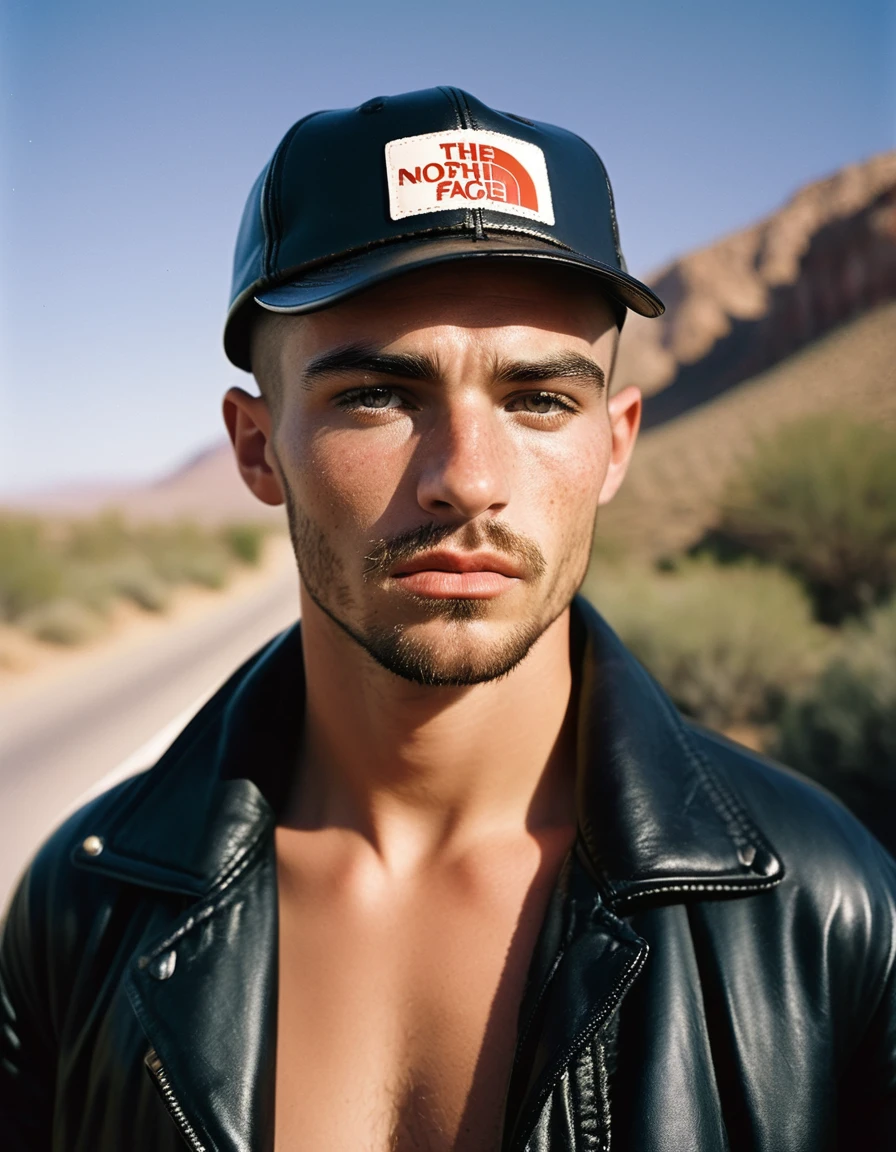 candid cinema, 16mm, color graded portra 400 film, remarkable color, textured skin, remarkable detailed pupils, visible skin detail, skin fuzz, dry skin, ((full view))), ((full body complete:1.8))), RAW low contrast photograph of a chav, 20 year old tall and lanky Caucasian handsome guy, some beard, He has dark brown buzz cut and freckles on his face, (Stubble:1.9), (Masculine:1.5), mild body hair, scally guys, full body, with a very shiny and huge black nylon puffer jacket "the north face":1.7, (wears a black leather cap:1.8)++, he is looking down at the viewer angrily, (partially tattooed on face, neck and hands;1,8), The photo is taken from outside on a sunny day on the side of the road outside a town in the arid geography of the USA from a low angle.