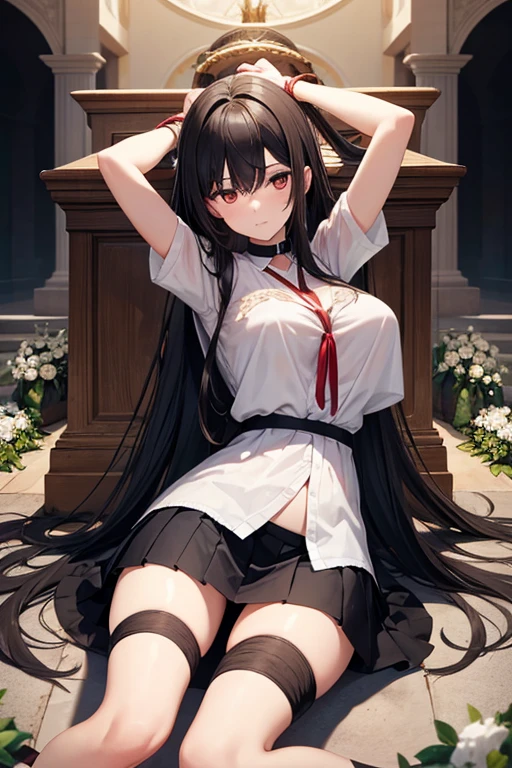 Italian girl, 25 years old, very long black hair, gigantic breasts, thin, wearing a torn white shirt and a pleated black miniskirt, she is lying at the altar of a megalithic circle, her arms and legs are tied with ropes to the altar, she has a slave collar