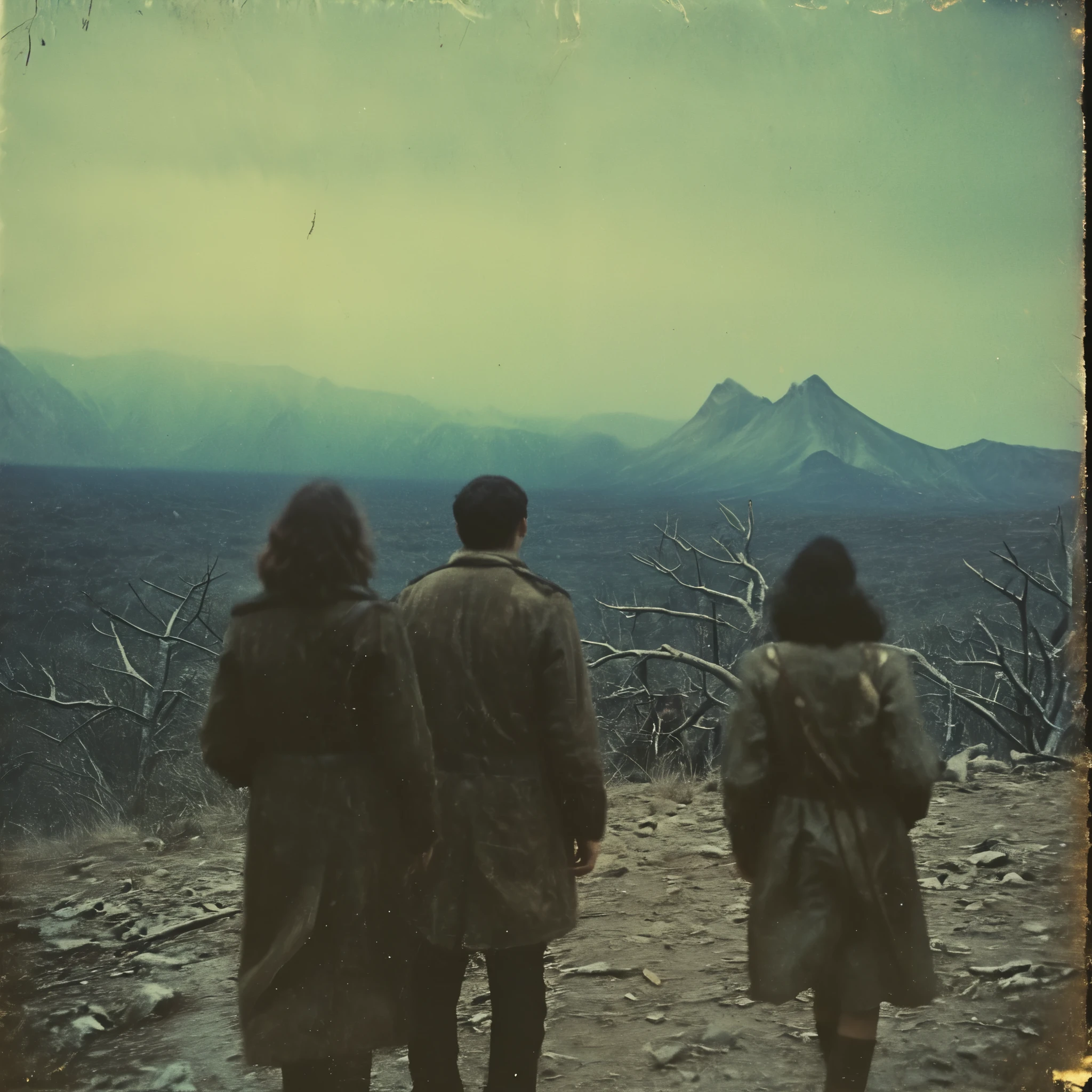 side-view, perspective, grainy, polaroid, 35mm vintage, scary, horror-movie, 4 young adults exploring hyperborea, mystery island, tundra, jungle, dinosaur