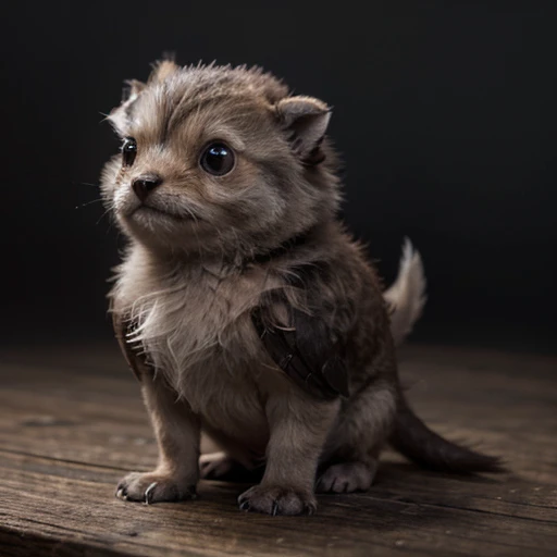 (1Fantasy creature), detailed intricate background, high realism, loving cute eyes, happy, friendly, grey, brown, white, (((large body))) fluffy, cute BREAK (((tiny wings))), fuzzy, adorable, high resolution, 8k