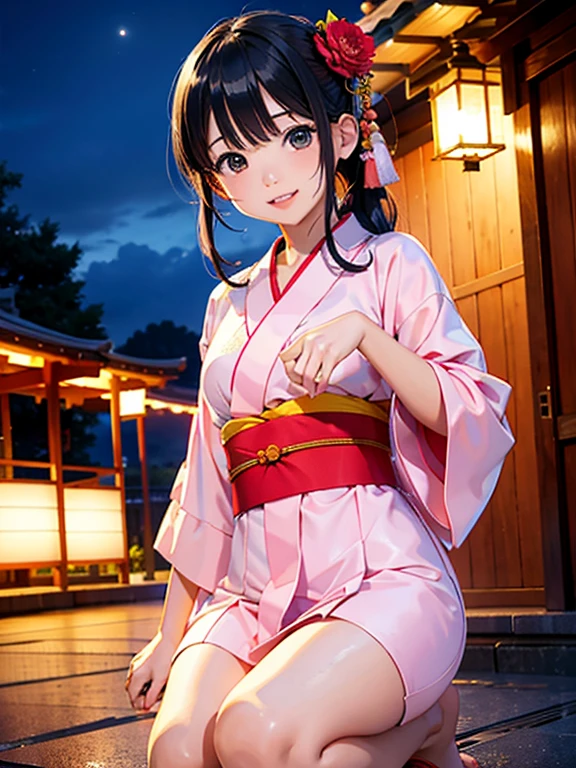 High resolution, highest quality,Hakata yukata、The yukata was cut in half、Smiling girl、Embarrassing、Deserted park at night、