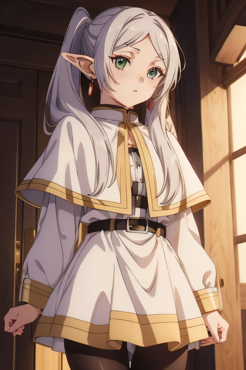 1girl,solo,elf,white hair,grey hair,earrings,pointy ears,long hair,ponytail,green eyes,twintails,parted bangs,thick eyebrows,collared capelet,white capelet,striped shirt,long sleeves,striped,white skirt.,
pantyhose,brown footwear,expressionless,red staff,, Exquisite visuals, high-definition,masterpiece,best quality,, Exquisite visuals,high-definition,masterpiece,best quality,18yo,Young female,Beautiful Fingers,Beautiful long legs,Beautiful body,Beautiful character design,white panties,