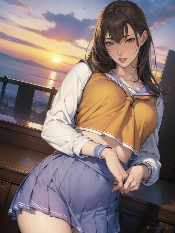 (8ก, 最high quality: 1.2), Very detailed, Complete solution, (Realistic, Realistic photo: 1.37), Portraiture, High resolution RAW color photograph, Professionally arrested, High resolution and beautiful, High resolution, 8ก Image Wallpaper, Amazing details, Large file size, Very detailedな美しい女の子, Very detailed face, (Super beautiful, well-defined eyes:1.8), The nose is precisely shaped., expressive lips,(sunset,Big House, Seaside restaurant background:1.2) , One Story, pretty girl, Realistic, (From below,Sealing:1.5),(Overlooking the view:1.5),                                                                               (Movie Scenes,Fantasy art,最high quality,high quality,High resolution,high qualityの質感,Attention to detail,Beautiful details,Fine details,Very detailedなCG,Detailed Texture,Realistic representation of face,Tabletop,before,dynamic,bold),1 Girl,Very detailedな肌,curve,(Covered nipples:0.95),(Under the chest:1.3),Beautiful breasts,Small breasts,Pale skin,(Very fine hairs),(Super soft hair),(Super Straight Hair),Long, slicked bangs,Very light coppery amber hair,Hair on one eye,Very lean body,Smart Abs,(Cropped School Uniform:1.5),(Open your mouth:1.3),
