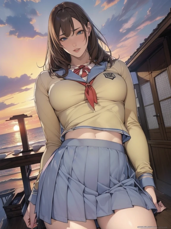 (8ก, 最high quality: 1.2), Very detailed, Complete solution, (Realistic, Realistic photo: 1.37), Portraiture, High resolution RAW color photograph, Professionally arrested, High resolution and beautiful, High resolution, 8ก Image Wallpaper, Amazing details, Large file size, Very detailedな美しい女の子, Very detailed face, (Super beautiful, well-defined eyes:1.8), The nose is precisely shaped., expressive lips,(sunset,Big House, Seaside restaurant background:1.2) , One Story, pretty girl, Realistic, (From below,Sealing:1.5),(Overlooking the view:1.5), (Movie Scenes,Fantasy art,最high quality,high quality,High resolution,high qualityの質感,Attention to detail,Beautiful details,Fine details,Very detailedなCG,Detailed Texture,Realistic representation of face,Tabletop,before,dynamic,bold),1 Girl,Very detailedな肌,curve,(Covered nipples:0.95),(Under the chest:1.3),Beautiful breasts,Small breasts,Pale skin,(Very fine hairs),(Super soft hair),(Super Straight Hair),Long, slicked bangs,Very light coppery amber hair,Hair on one eye,Very lean body,Smart Abs,(Cropped School Uniform:1.5),(Open your mouth:1.3),