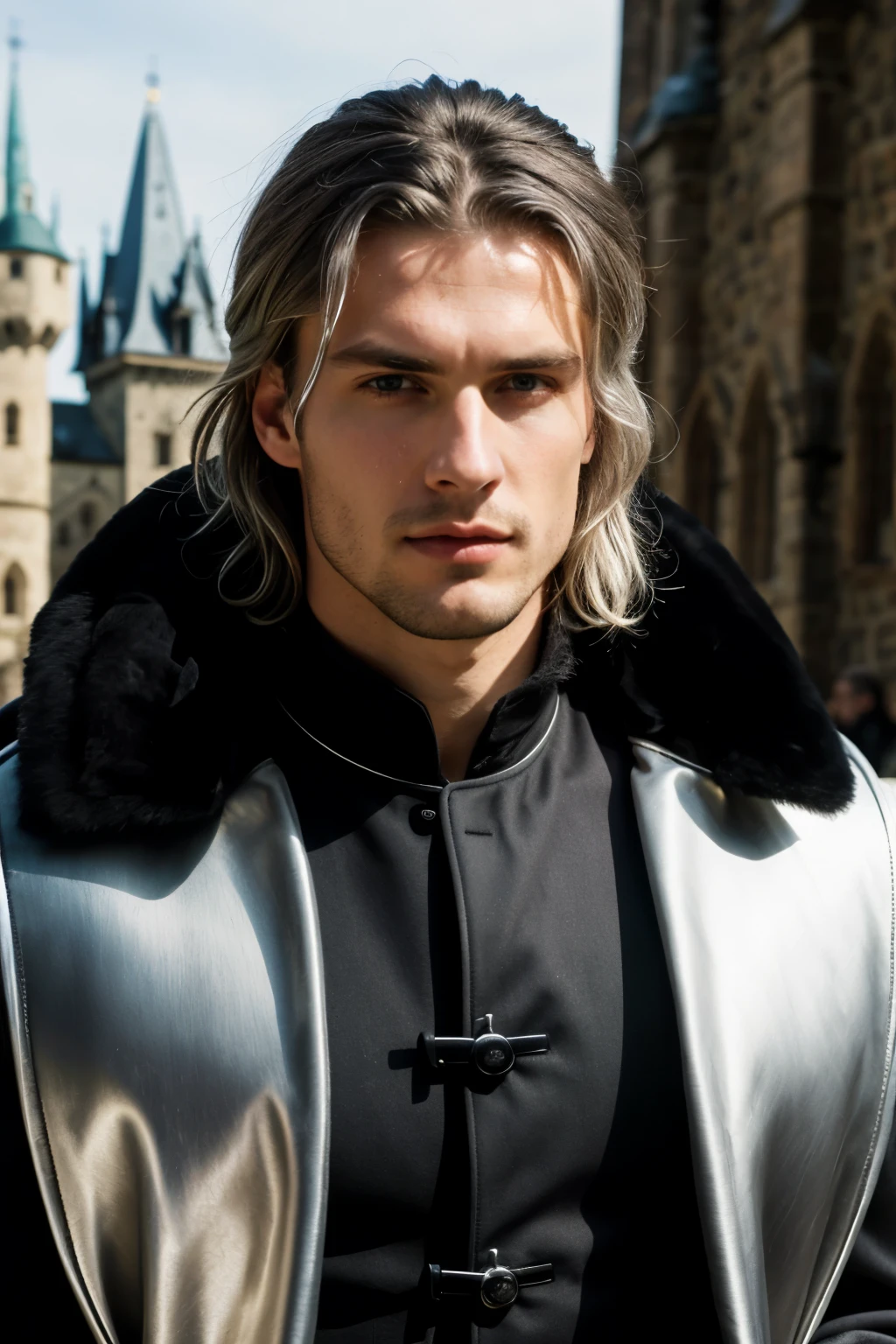 image of a beautiful german man with blue eyes silver bang hair and dressed in a ((black coat)), Eyes looking to camera, Perfect male body, (mercenary, Tall and strong,silver hair,Frown,dark coat,stand in castle),dramatic shadow, Ray Tracing,(masterpiece, high resolution, ultra - detailed:1.0), medieval city on the backgrond, ((best quality)), ((masterpiece)), (detailed), perfect face, medieval, 
