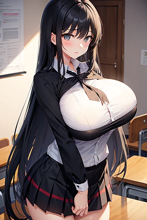 School class scenario, an Italian girl with very long black hair, gigantic breasts, thin, girl, the girl is wearing a blouse and a miniskirt with l