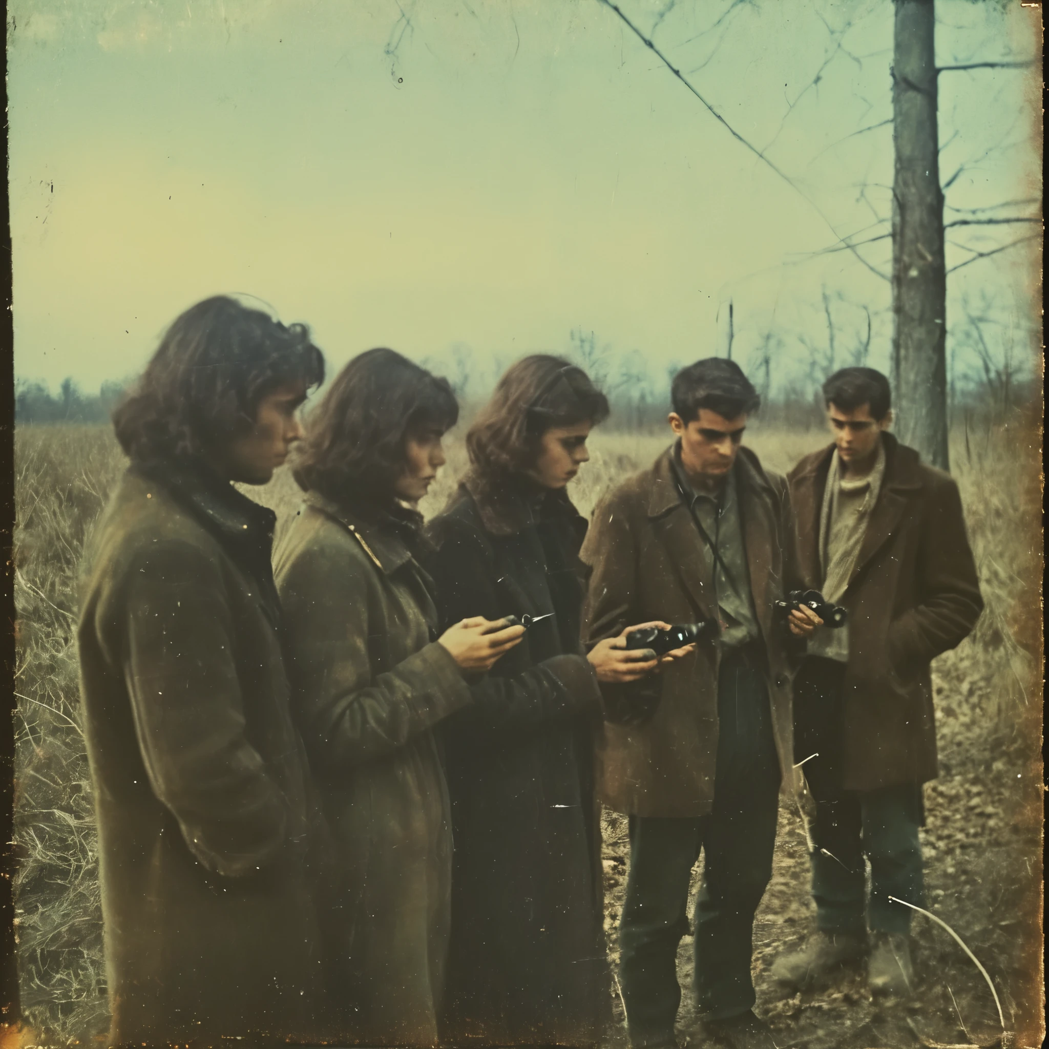 side-view, perspective, grainy, polaroid, 35mm vintage, scary, horror-movie, 4 young adults operating ham-radio, transmitter and receiver