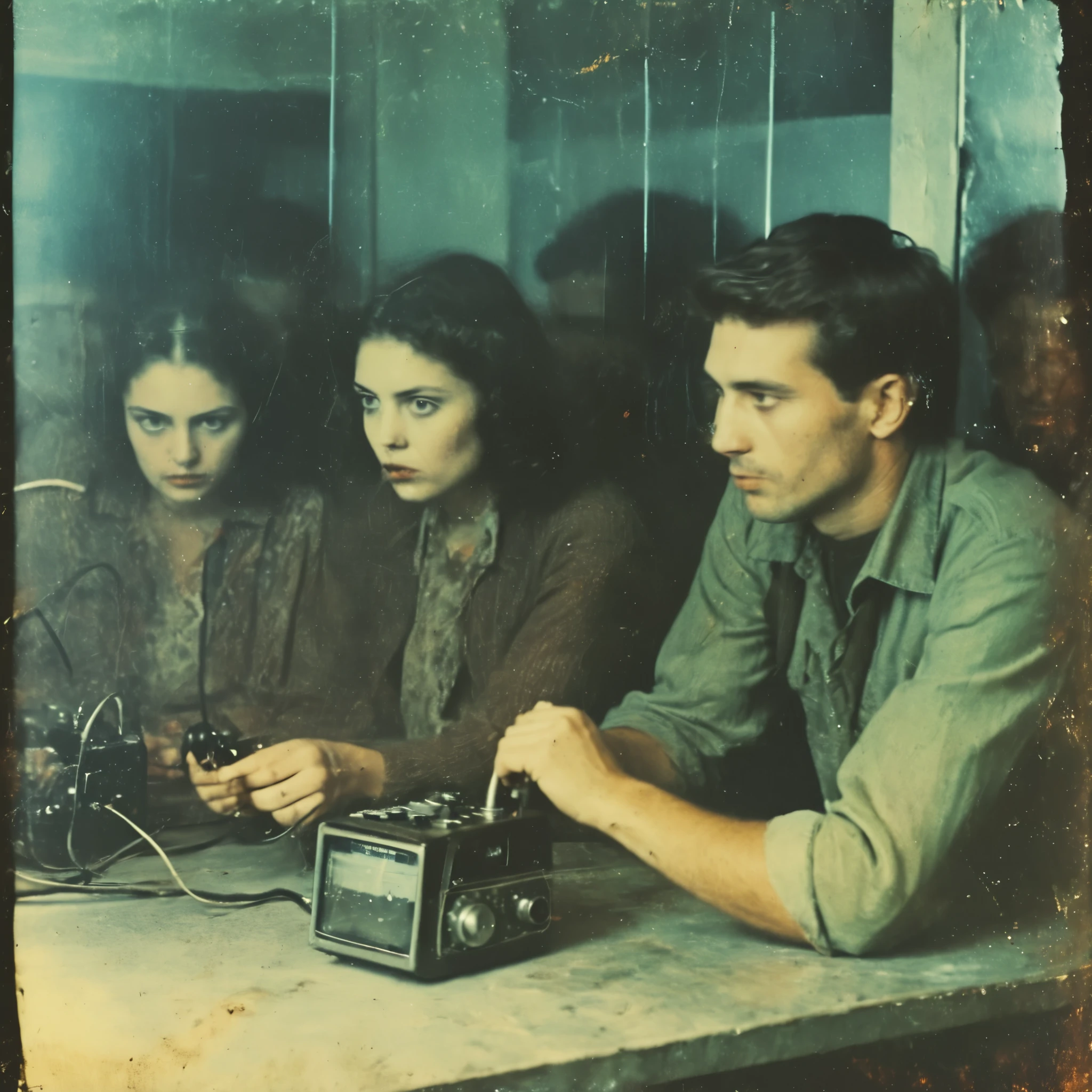 side-view, perspective, grainy, polaroid, 35mm vintage, scary, horror-movie, 4 young adults operating ham-radio, transmitter and receiver