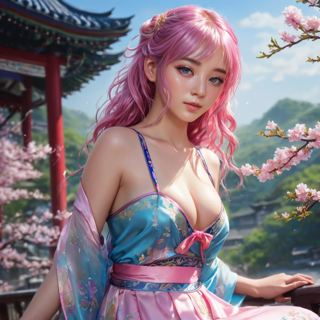 (finely detailed beautiful eyes and detailed face,masterpiece sidelighting,masterpiece,best quality,detailed,high resolution illustration),, (1girl,whole body,sundress,lustrous skin,looking down,looking at viewer),, (pink hair,blue eyes,ribbon,hanbok, sheer clothes), (clothed_underbust:1.2),underboob