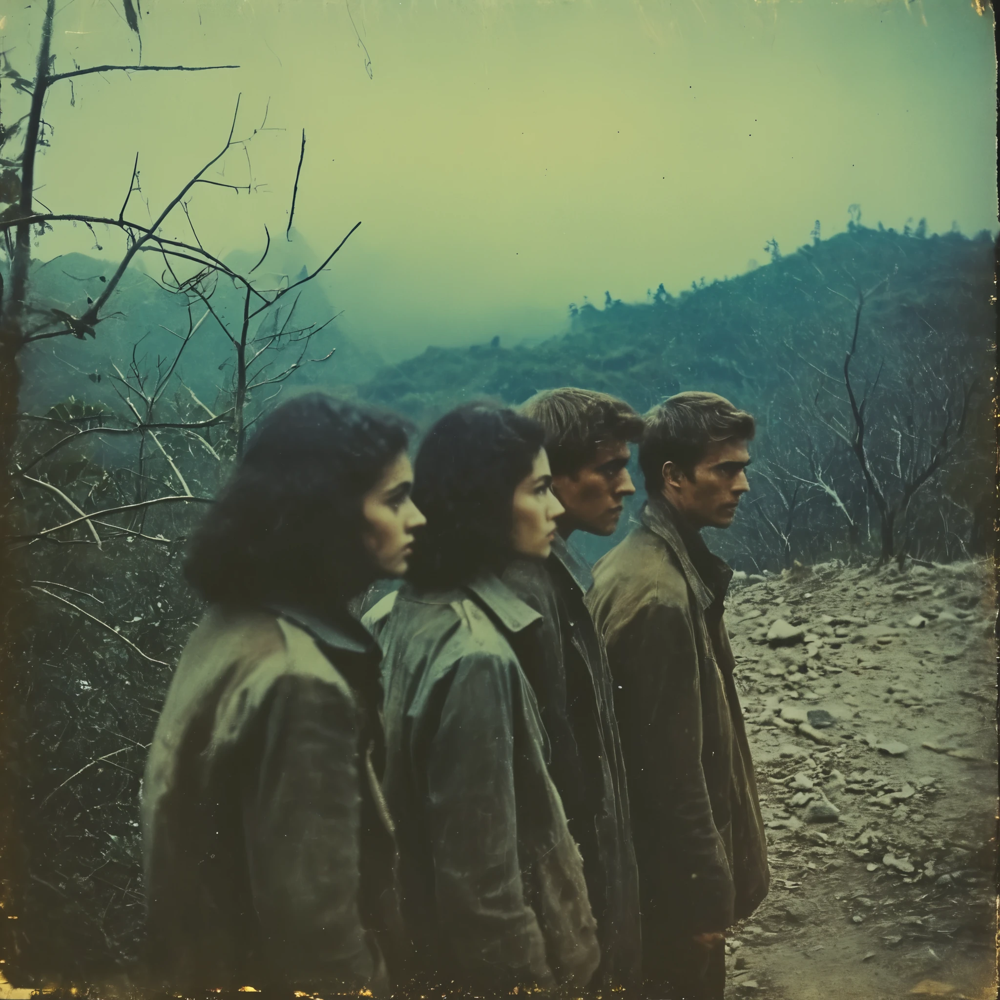 side-view, perspective, grainy, polaroid, 35mm vintage, scary, horror-movie, 4 young adults exploring hyperborea, mystery island, tundra, jungle, dinosaur