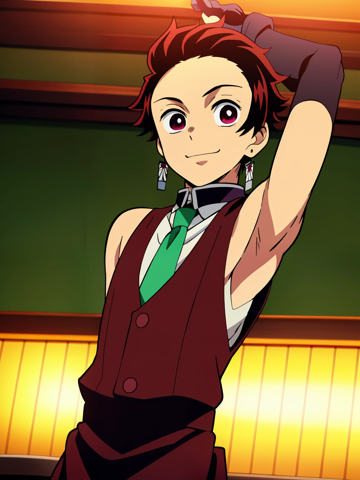 Highres, Masterpiece, Best quality at best,Best Quality,hight quality, hight detailed, Anime style, 1boy, Boy, Shota, Solo person, Tanjiro_kamado, Demon slayer, Earring, Sleeveless vest, Tie, Gloves, Choker, Restaurant, Waiter, night day, Slim body, Smile greets customers, (Showing armpit:1.3), Body, Blurry beckground, Seen from the front, (very young boy), (very small and short body)