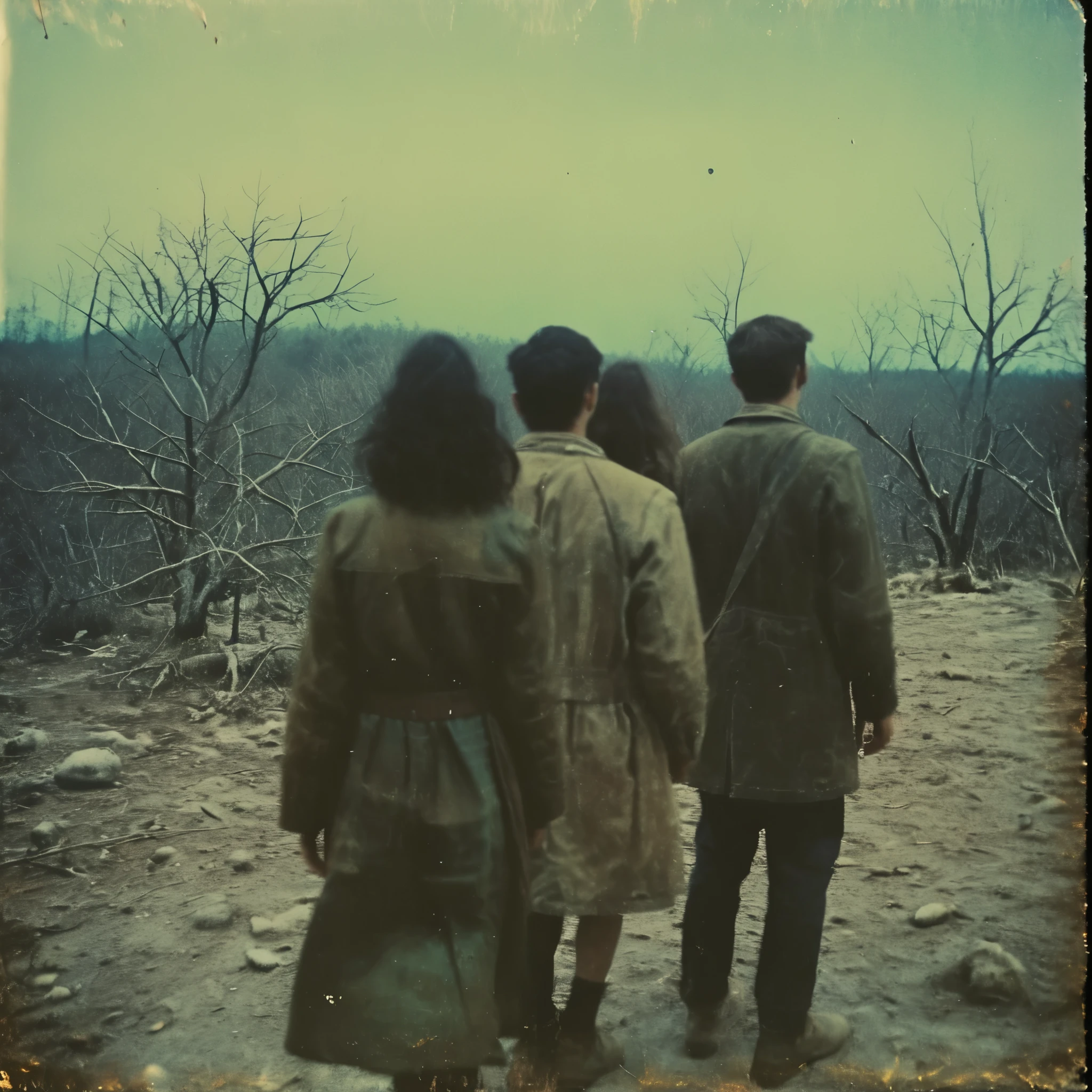 side-view, perspective, grainy, polaroid, 35mm vintage, scary, horror-movie, 4 young adults exploring hyperborea, mystery island, tundra, jungle, dinosaur