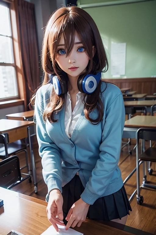 mikunakano, miku nakano, long hair, bangs, blue eyes, brown hair, shirt, hair between eyes, headphones, cardigan, headphones around neck,
BREAK skirt, shirt, long sleeves, white shirt, pantyhose, pleated skirt, black pantyhose, cardigan, green skirt, blue cardigan,
BREAK indoors, classroom,
BREAK looking at viewer, BREAK (masterpiece:1.2), best quality, high resolution, unity 8k wallpaper, (illustration:0.8), (beautiful detailed eyes:1.6), extremely detailed face, perfect lighting, extremely detailed CG, (perfect hands, perfect anatomy),