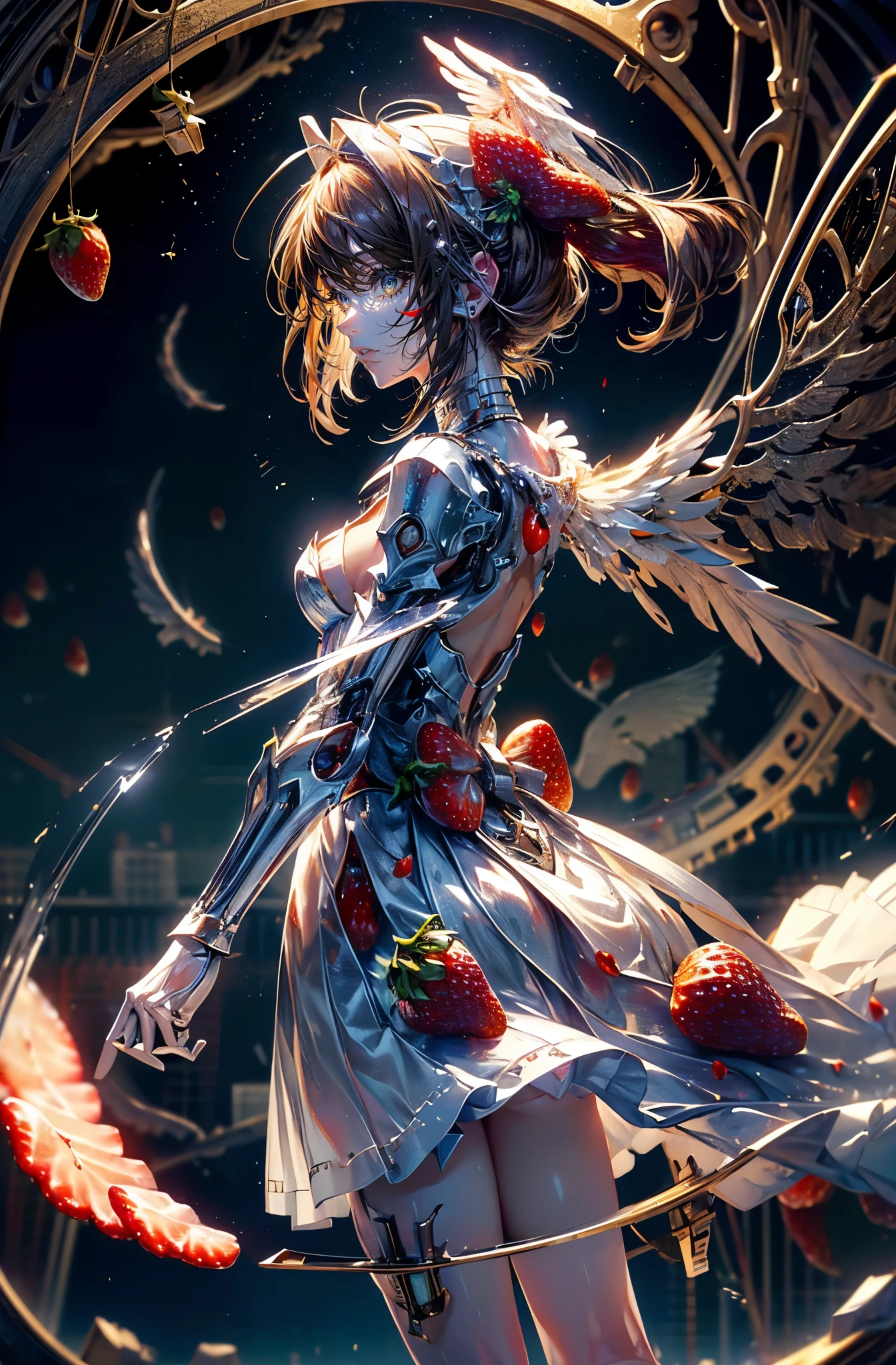super high quality、8K quality、High resolution、Image quality captured with a single-lens reflex camera、(SFW)、Perfect Anatomy、(White Princess Angelが🍓畑で遊ぶtheme)Beautiful Mecha Girl、Beautiful brown hair、20 year old girl.Orange eyes、(smile)(Good shape、Normal chest、Cleavage)、3D, Realistic White machine parts、(Shoulders are exposed:1.2)(Real Mechanical Unit、The mechanism is concentrated on the back)、break(Angel Wings:1.5)(Wear a white long skirt dress、One Point Mark🍓)(Mechanical parts below the elbows and knees:1.3)break(Perfect Anatomy:1.4)break(Profile、look back、avert your eyes:1.4)break(Fluttering leaves)(Beautiful and magnificent strawberry fields、Clear skies:1.3)(Dynamic Lens、Dynamic Angle)