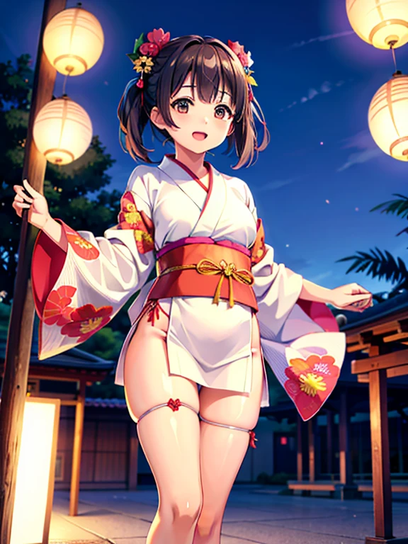 High resolution, highest quality,Hakata yukata、The yukata was cut in half、Smiling girl、Embarrassing、Deserted park at night、