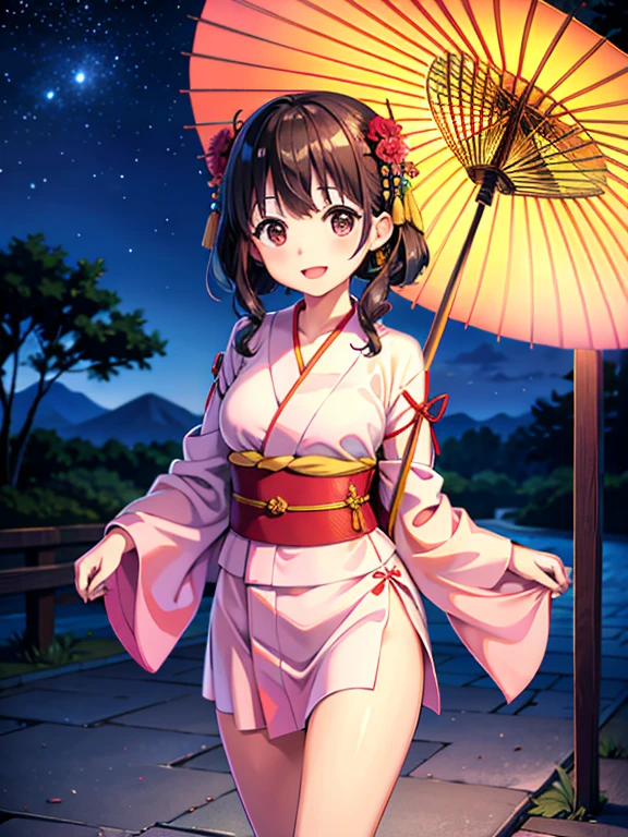 High resolution, highest quality,Hakata yukata、The yukata was cut in half、Smiling girl、Embarrassing、Deserted park at night、