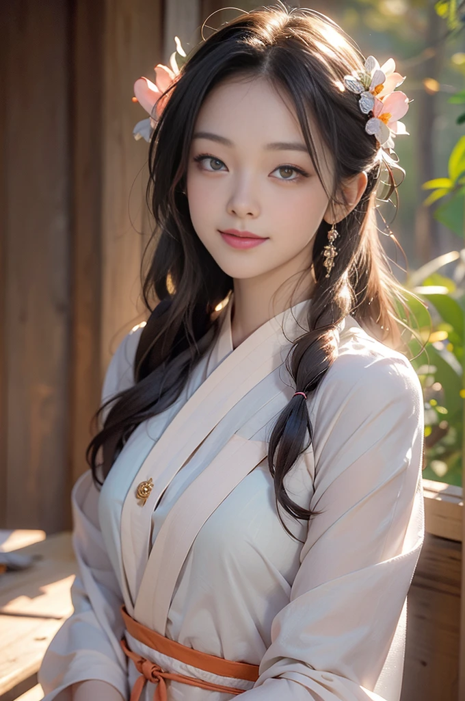 Superb Quality, Masterpiece, High Resolution, 1Girl, Blush, (Charming Smile: 0.8), Star Eyes, Caucasian female wearing hanfu, 25 year old, Hair Accessories, Jewelry, Beauty, topless, Tyndall Effect, Realistic, Peach Blossom Forest, Light Edge, Two-tone Lighting, (High Detail Skin: 1.2), 8K UHD, DSLR, Soft Light, High Quality, Volume Lighting, Voyeur, Photo, High Resolution, 4K, 8K, Background Blur, nsfw, subtle nudity, exposed,edgTemptation