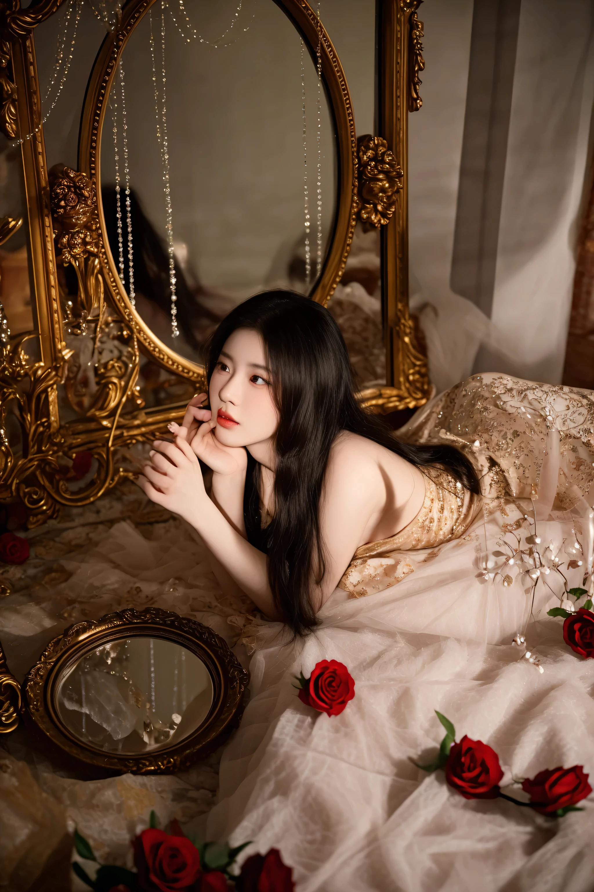 there is a woman laying on a bed with roses and a mirror, sha xi, inspired by Chen Yifei, inspired by Wang Meng, fantasy photoshoot, inspired by Howard Chandler Christy, 4 k glamour photography, boudoir, portrait shot, glamour photography, inspired by Min Zhen, seductive lady, gorgeous chinese model, with a mirror, inspired by Liu Haisu