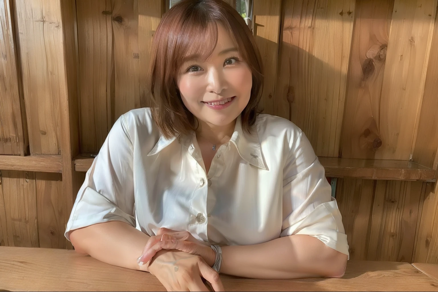 ((highest quality, 8k, masterpiece, Portraiture: 1.3)), (View Viewer), (close:0.85), Attractive business mature woman, , Slightly thicker:0.35, White collared shirt, Grey Skirt, (Big breasts and big hips:0.5), (Sit cross-legged on a desk)), smile, Cafe seats, Both hands are under the desk, 60-year-old Japanese woman