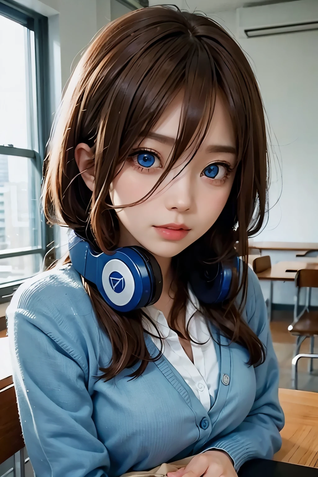 mikunakano, miku nakano, long hair, bangs, blue eyes, brown hair, shirt, hair between eyes, headphones, cardigan, headphones around neck,
BREAK skirt, shirt, long sleeves, white shirt, pantyhose, pleated skirt, black pantyhose, cardigan, green skirt, blue cardigan,
BREAK indoors, classroom,
BREAK looking at viewer, BREAK (masterpiece:1.2), best quality, high resolution, unity 8k wallpaper, (illustration:0.8), (beautiful detailed eyes:1.6), extremely detailed face, perfect lighting, extremely detailed CG, (perfect hands, perfect anatomy),