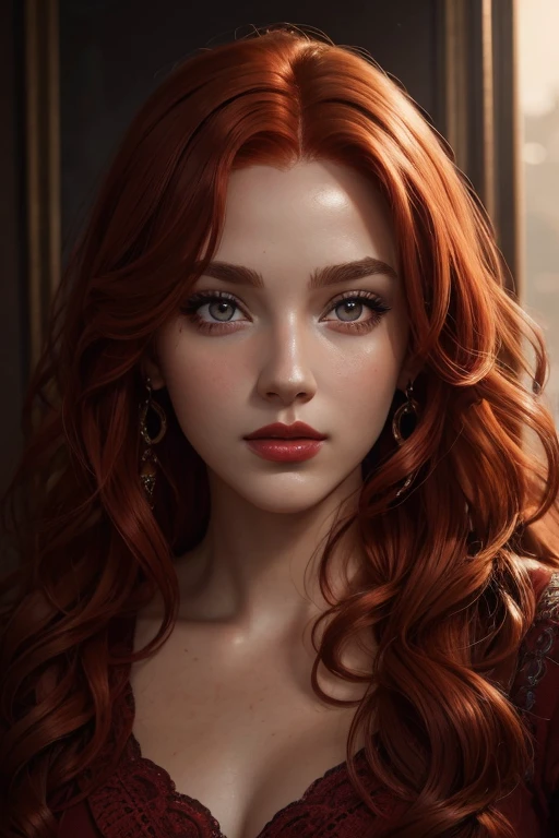 A detailed portrait of a beautiful red-haired curly girl, realistic skin, drawn eyebrows, painted lips, looking directly at the camera, highly detailed, photorealistic, 8k, HDR, dramatic lighting, warm color palette, cinematic composition