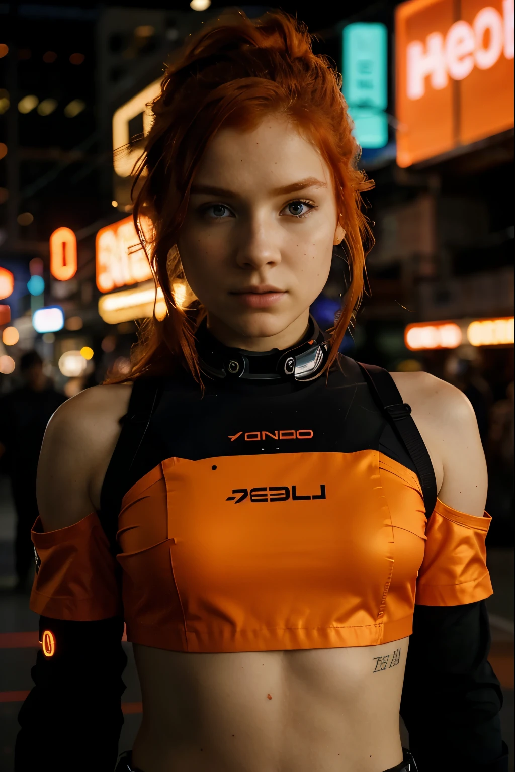 A photograph capturing the essence of a young cyborg with fiery red hair. O rosto dela preenche o quadro, banhado em tons neon, Exuding determination and mystery amidst a futuristic setting., indefinido
