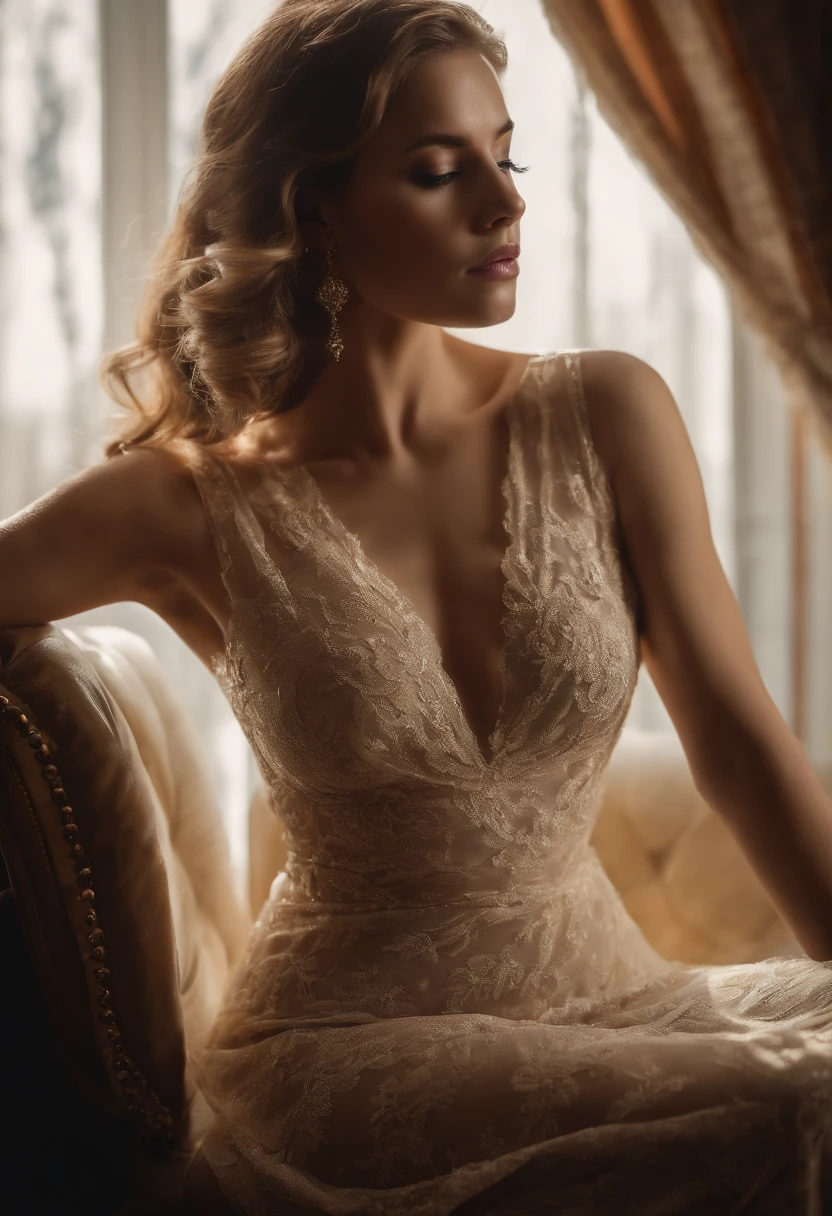 A captivating photograph of a beautiful, exuberant and robust woman wearing an exquisite translucent blouse, lying on a sofa with her legs parted, inviting the viewer to enjoy the unimaginable beauty of her curves and her torso exposed beneath the blouse that allows us to appreciate her beautiful body to be divine. The light casts an enchanting golden glow on her ethereal figure, creating a soft and mystical silhouette. Her sensual curves and seductive eyes draw the viewer into an intimate and secret world. The dimly lit room, with its warm ambiance, further enhances the feeling of a rare, intimate moment, allowing the viewer to become part of this captivating scene. Vivid 8K HD resolution captures every detail, reflecting the naturalness of the moment.