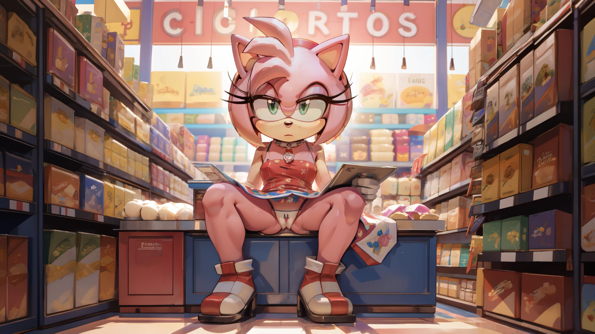 amy rose, lowleg panties, spread legs, sitting, dress, in the store, cameltoe, panties aside