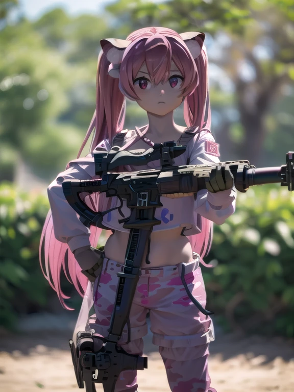 1 girl, agkmine, mine, pelo largo, twin tails, cabello rosado, (Ojos rosados:1.3),
ROMPER pink camouflage uniform, SNIPER,
 NO ANIMALS, ROMPER outdoors, city ​​at war
ROMPER , (tiro de vaquero:1.5), diferent angles, dinamic shoot,
ROMPER (obra maestra:1.2), mejor calidad, high resolution, fondo de pantalla 