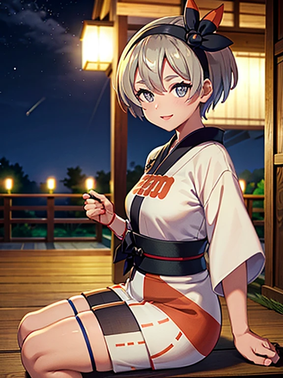 High resolution, highest quality,Hakata yukata、The yukata was cut in half、Smiling girl、Embarrassing、Deserted park at night、