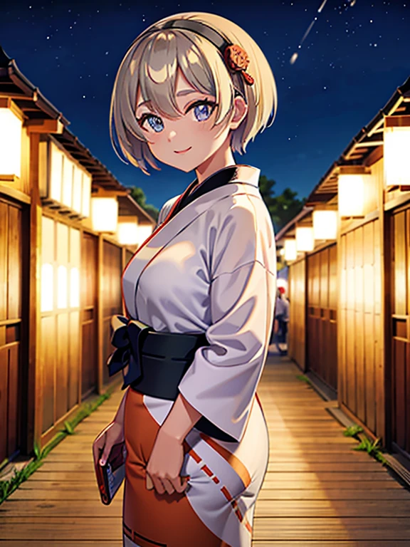 High resolution, highest quality,Hakata yukata、The yukata was cut in half、Smiling girl、Embarrassing、Deserted park at night、